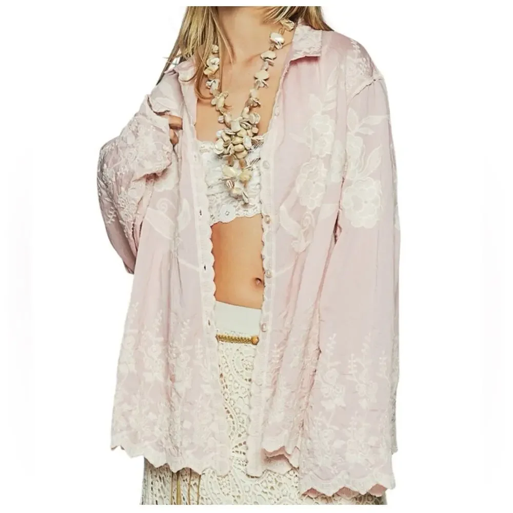 K188 POL Women’s Blush Pink Floral Lace Long Sleeve Button Blouse/Shacket NWT - Picture 1 of 3